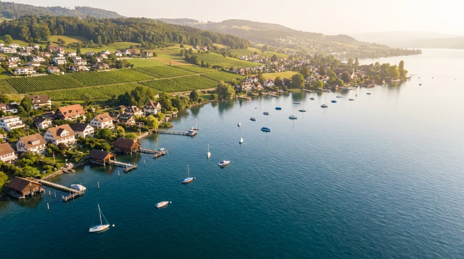 Luftaufnahme des Zürichsees mit Seeufer, Bootsstegen und Rebbergen